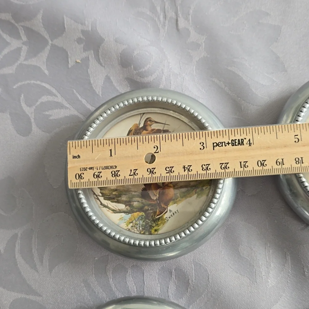 Vintage Set Of 4 Fred Sweney Coasters Birds Fish Metal Glass Barware Rustic